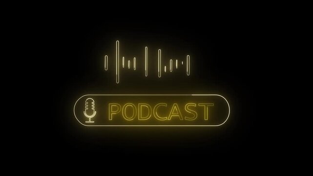 Social media podcast intro featuring gold mic and audio visuals for broadcast content. Gold microphone and sound waves animation for streaming and online radio show.