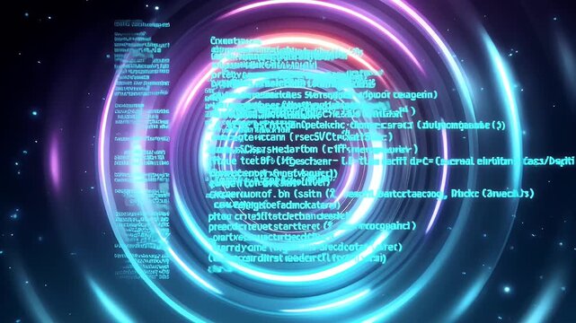 Neon rainbow data tunnel with concentric glowing rings and scrolling code