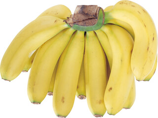 Bunch of ripe yellow bananas with green stem and brown spots isolated on transparent background for healthy eating and tropical fruit concepts