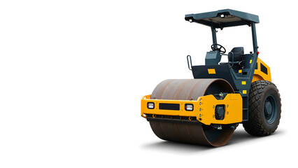 New yellow road roller construction machine for asphalt paving isolated on a white background, maintenance, and repair work.