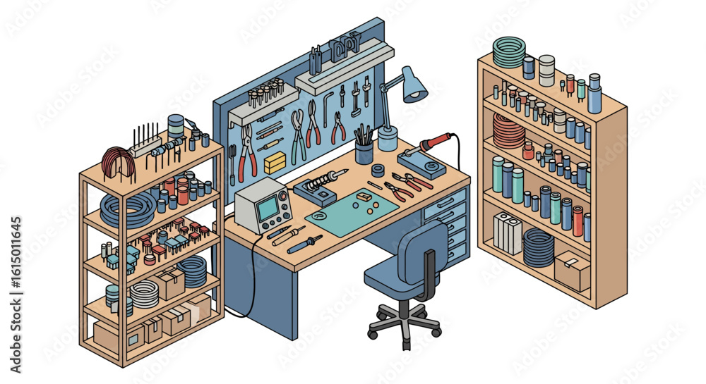 Poster electronics workshop workspace with tools and components