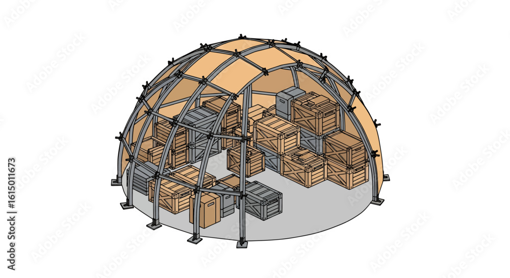 Aufkleber dome structure with stacked crates and storage
