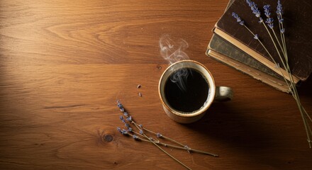 Obraz premium Cozy Coffee Scene with Lavender and Old Books on Wooden Table