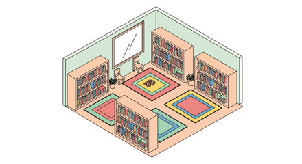 Library room interior with bookshelves and rugs