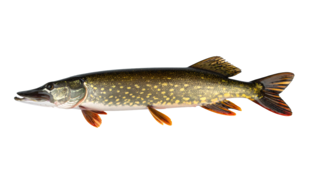 Northern pike fish swimming, transparent backdrop highlighting streamlined body for graphic design