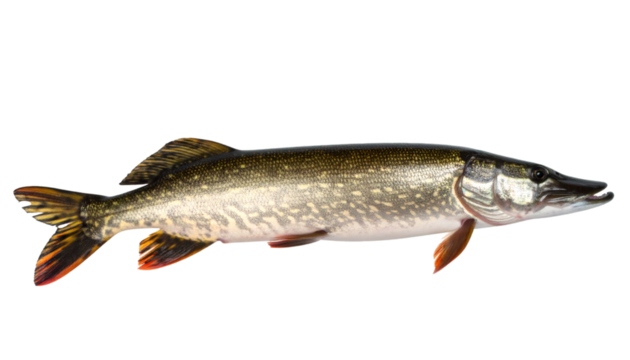 Northern pike displaying detailed scales, transparent backdrop highlighting sleek body and predatory profile