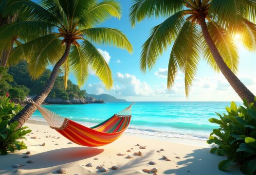 vibrant beach hammock relaxation lush palm background tropical paradise nature serenity, sand, tree, sky, sunlight, sunset, sunrise, coastline, island