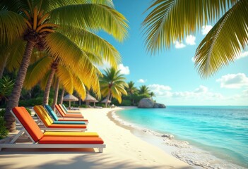 vibrant beach loungers tropical paradise lush palm trees sunshine relaxation resort getaway, ocean, water, poolside, umbrella, deckchair, tropics, nature