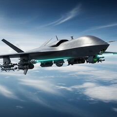 Futuristic Combat Drone with Advanced Weaponry Above the Clouds