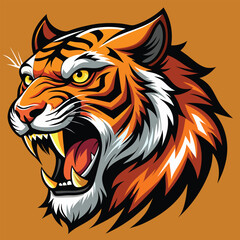 Aggressive Tiger Head Vector Illustration with Open Mouth and Sharp Teeth on Orange Background