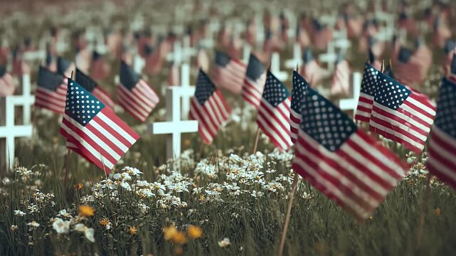 rows of flags planted in green field with white crosses for remembrance