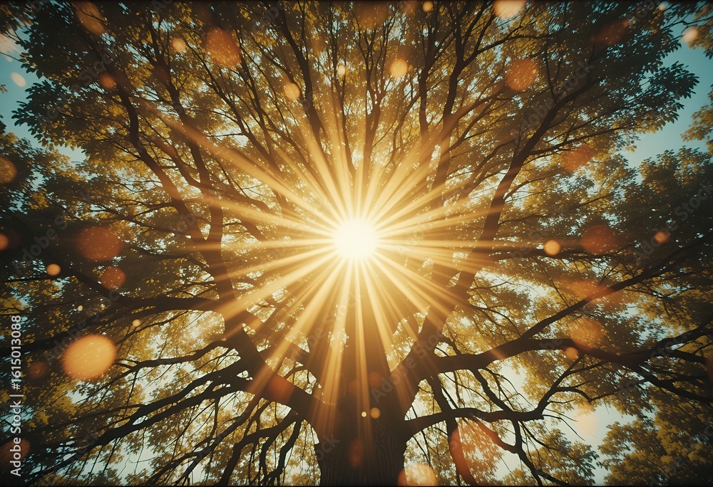 Poster sunlight piercing through the branches of a large tree creating radiant light rays in nature