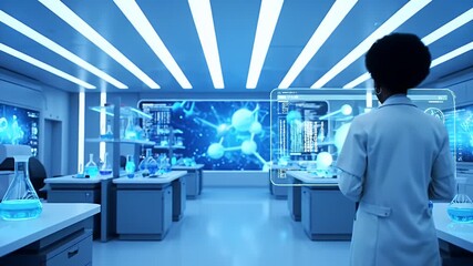 Female scientist in a modern research laboratory using a futuristic holographic interface for molecular analysis. - Powered by Adobe