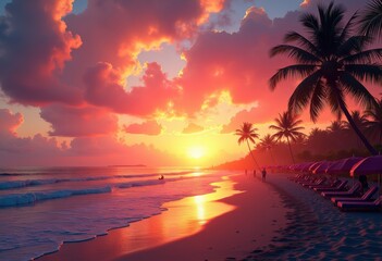 vibrant beach sunset colorful beach gear silhouetted dramatic sky unforgettable coastal experience, ocean, shore, sand, sea, waves, clouds, reflection