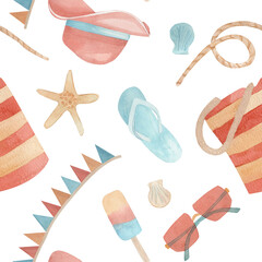Seamless summer pattern with beach accessories, beach clothes and starfish. Watercolor hand drawn composition isolated from the background. Ideal for, vacation promotions, fabric printing, packaging