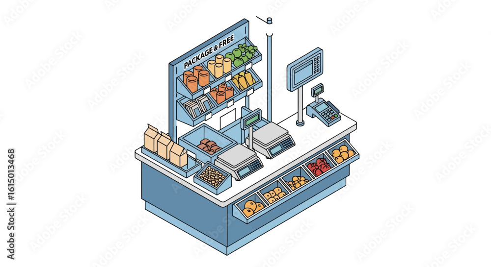 Poster bakery counter display with food and checkout system