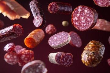 Floating salami and sausage slices on burgundy background