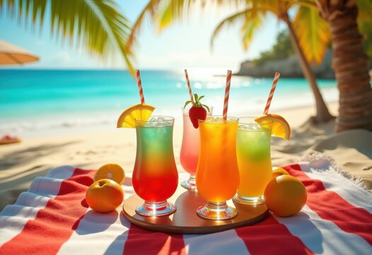 vibrant beach towel colorful cocktails relaxation tropical vibe fun summer chillin outdoors sunshine escape, palm, sand, umbrella, island, drink, refreshment