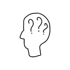 Human head silhouette with question marks – concept of confusion, anxiety, and mental fog in black line doodle style on transparent background