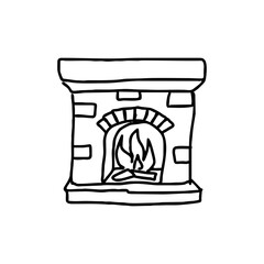 Hand drawn fireplace in cozy rustic Scandinavian style with burning logs – winter hygge interior element on transparent background