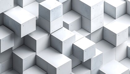 Obraz premium Abstract geometric pattern of many white cubes. A dense array of interlocking, light gray cubes forms a three-dimensional pattern