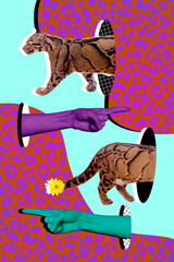 Vertical art pop poster banner collage of hands point tiger wildcat predator safari ecosystem shelter non-verbal communication