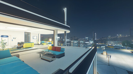 Obraz premium Rooftop terrace overlooking a city at night. Modern, open-air living space with comfortable seating and a view of urban skyline