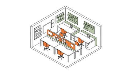 Obraz premium Office workspace layout with desks and chairs
