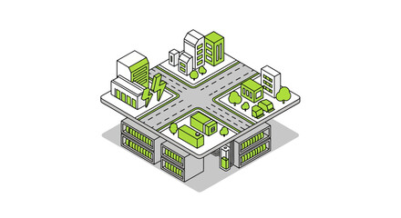 Fototapeta premium Isometric city intersection with buildings and roads