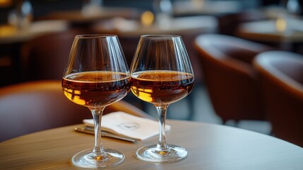 Naklejka premium Two glasses of amber liquid, likely an aperitif or liqueur, stand on a light-toned table in a restaurant. Blurred background shows dining area