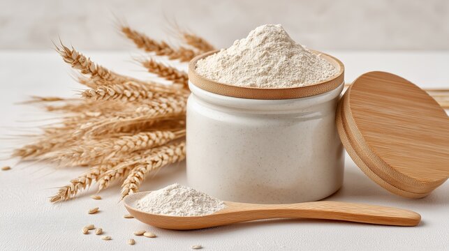 Whole wheat flour in jar with wooden spoon and wheat ears on light background for traditional bread baking ingredients