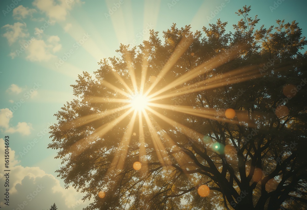 Aufkleber sunlight radiating through the branches of a large tree on a clear day with scattered clouds