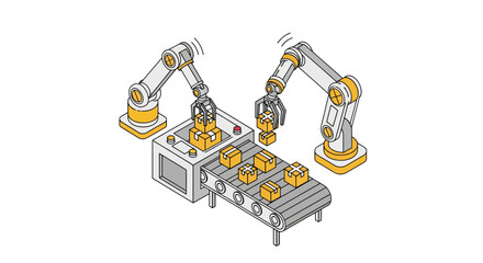 Robotic arms working on conveyor belt with boxes