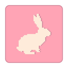 Pixel rabbit vector icon. White rabbit on pink background. Easter bunny. Card, label, banner, sticker