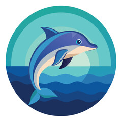 Illustration of a Dolphin Jumping out of the Water in a Circular Design