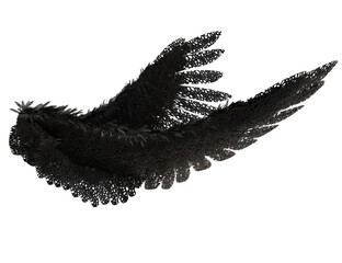 3D rendered angel wing featuring intricate black lace-style feathers, isolated on transparent background
