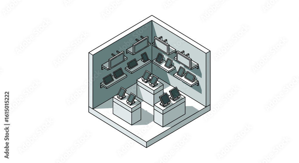 Poster electronics store display with laptops on shelves