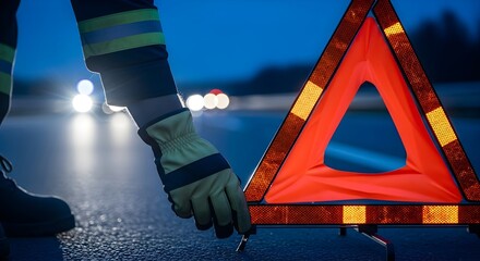 A man places a red reflective warning triangle on the road at night. Roadside assistance and accident safety concept.