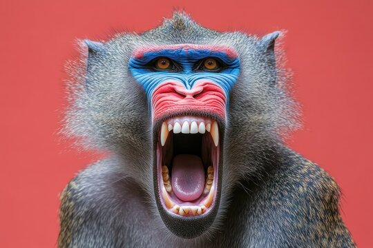 Fierce baboon snarling with colorful face markings