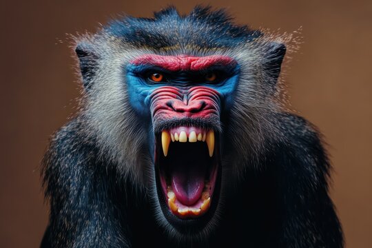 Fierce baboon snarling with colorful face markings