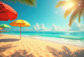 vibrant beach umbrellas casting unique shadows golden sandy shoreline colorful summer relaxation, sunshine, coastal, tropical, poolside, outdoors, landscape
