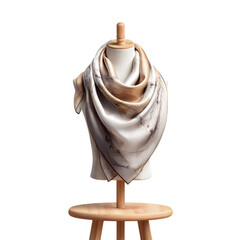 Obraz premium Elegant scarf draped on a mannequin head placed atop a wooden stool against a black background