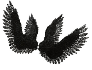 3D rendered angel wing featuring intricate black lace-style feathers, isolated on transparent background
