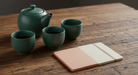 Tea Pot and Cups on Wooden Table with Notepad for Relaxation Mood