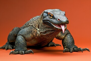 Fototapeta premium Komodo Dragon Flicking Tongue with Sharp Claws on Solid Background