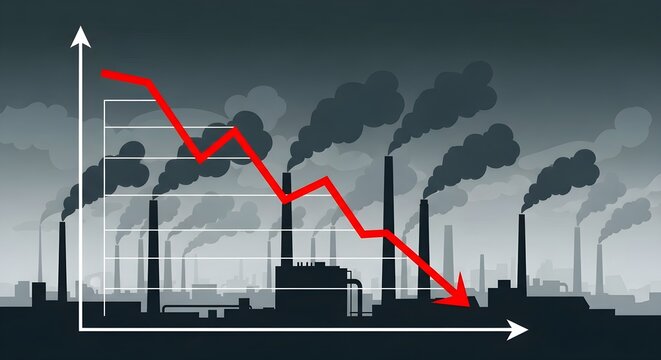 Decreasing red arrow on a graph above an industrial cityscape. Concept of economic decline, environmental issues, and pollution control.