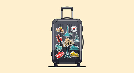 Upright dark grey travel suitcase with retractable handle adorned with colorful international landmark stickers vector art.