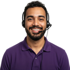 Man with headset smiling wearing purple shirt isolated on transparent background