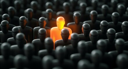 Obraz premium Stand Out from the Crowd Concept with Glowing Individual in Dark Group.