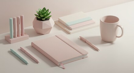 Pastel Themed Workspace with Notebooks, Plant, and Coffee Mug